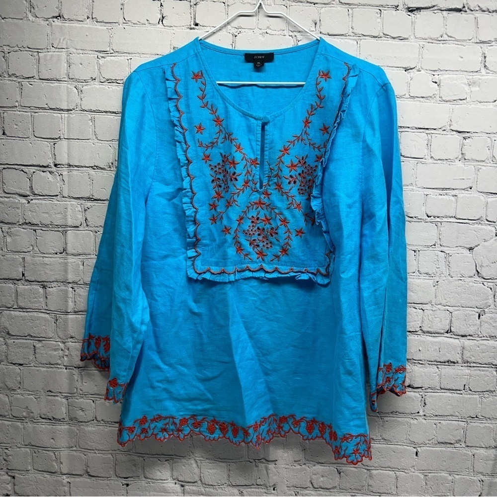 J. Crew Turquoise Blouse with Red Embroidery linen size xl